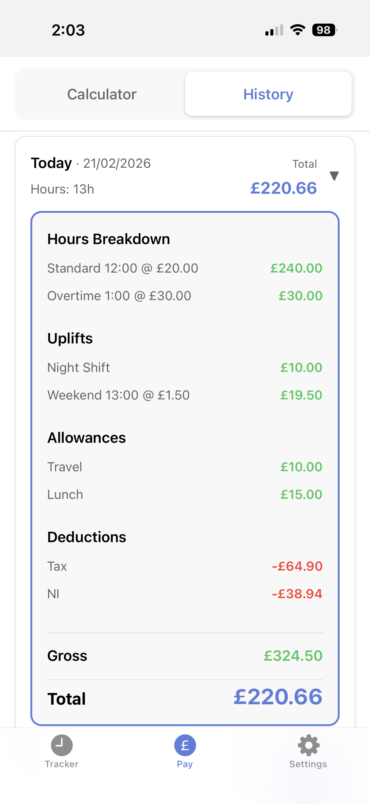 Detailed pay breakdown showing calculations and deductions