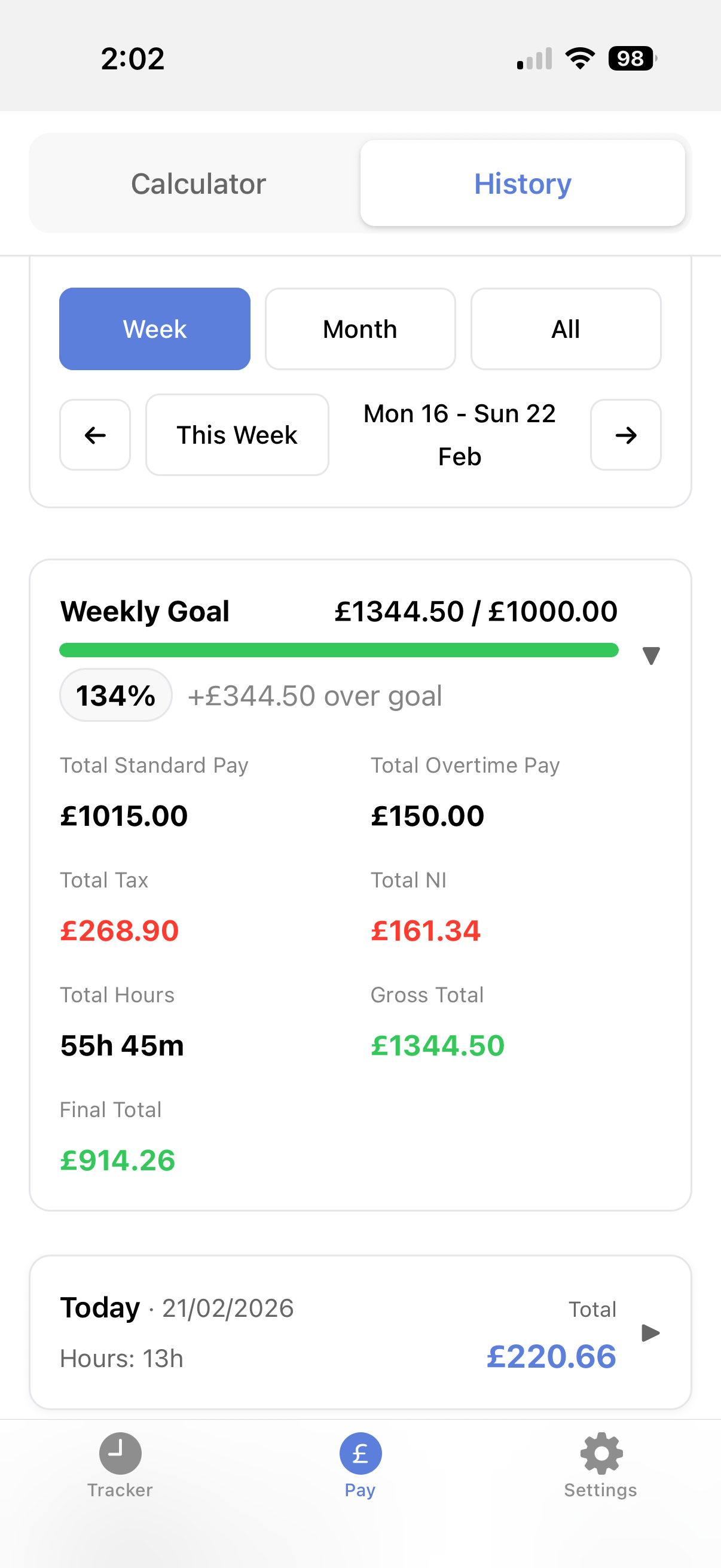 Weekly earnings summary with goal progress tracking
